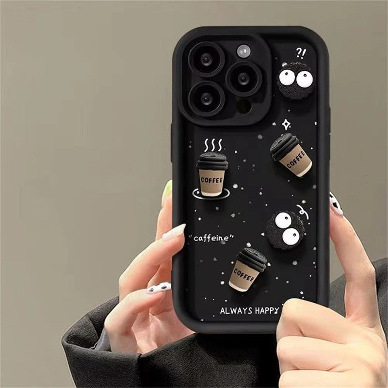 Luxury Cute Fun Cartoon Characters 3D Ball Coffee Cookies Lovers Silicone Case | Happy Black
