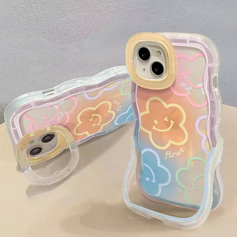3D Cute Smiley Flower Cartoon Happy Smile Emoji Face Wave Curly Invisible Double Phone Stand Holder