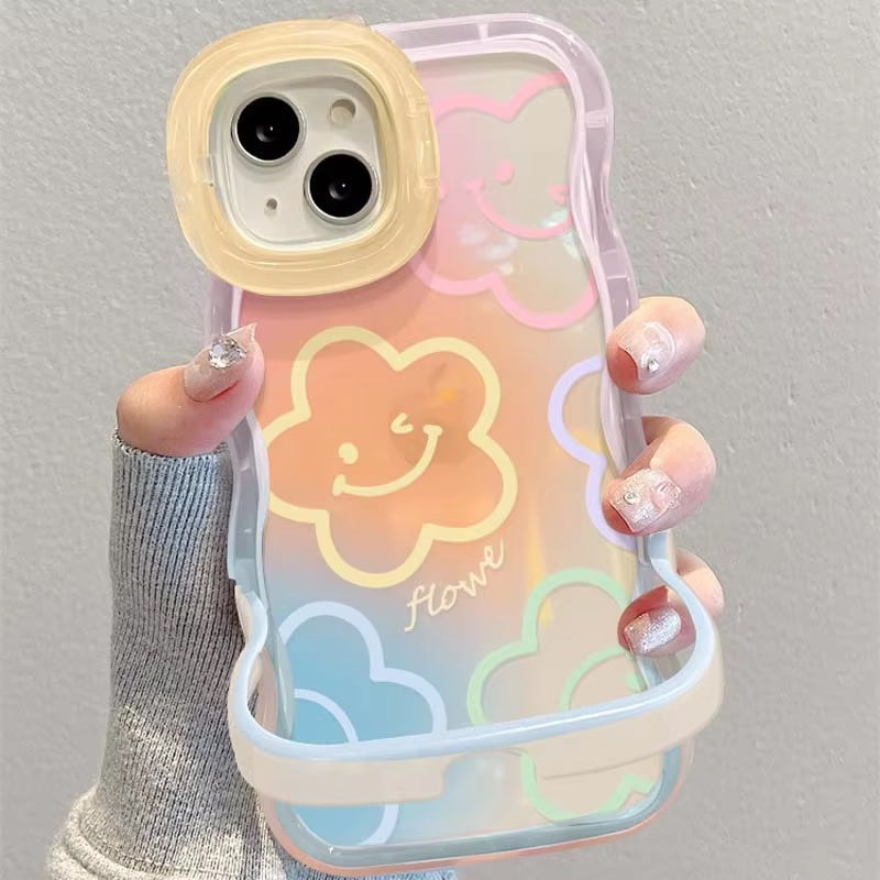 3D Cute Smiley Flower Cartoon Happy Smile Emoji Face Wave Curly Invisible Double Phone Stand Holder