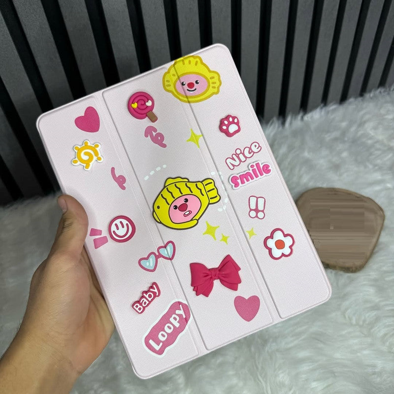 3D Cute Cartoon Doodle Loopy Pig Leather Tablet iPad Flip Case,Candy Smile Auto Wake/Sleep Colorful Floral Stand with Pencil Holder Cover