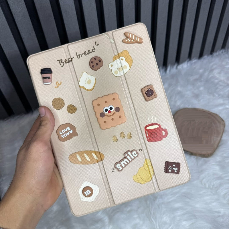 3D Cute Cartoon Bread Biscuit PU Leather Tablet iPad Flip Case,Smile Coffee Auto Wake/Sleep Colorful Floral Stand with Pencil Holder Cover