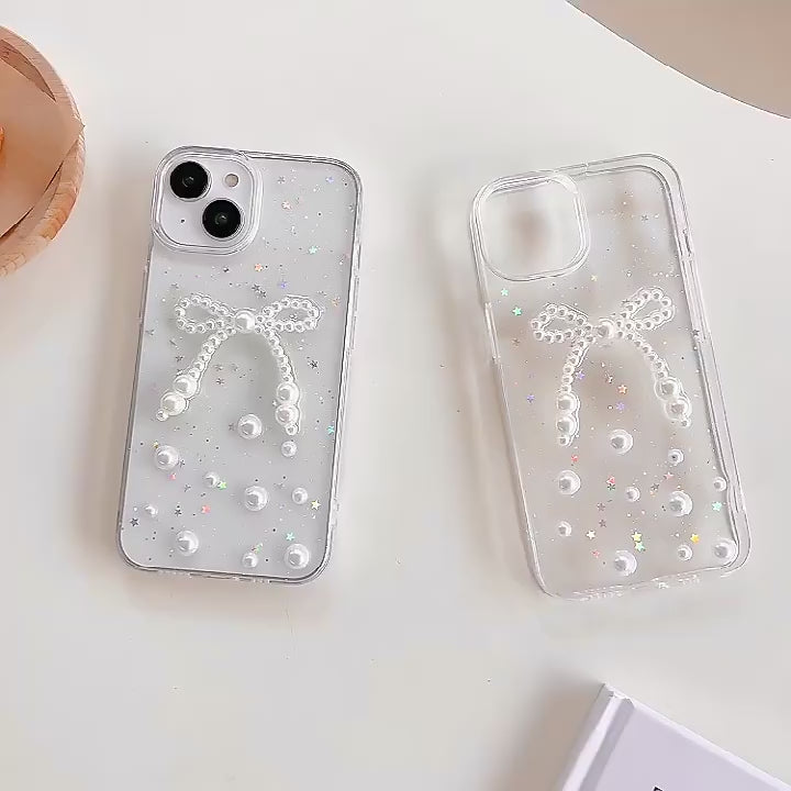 Luxury Translucent Pearl Bow Shinning Stars Resin Phone Case