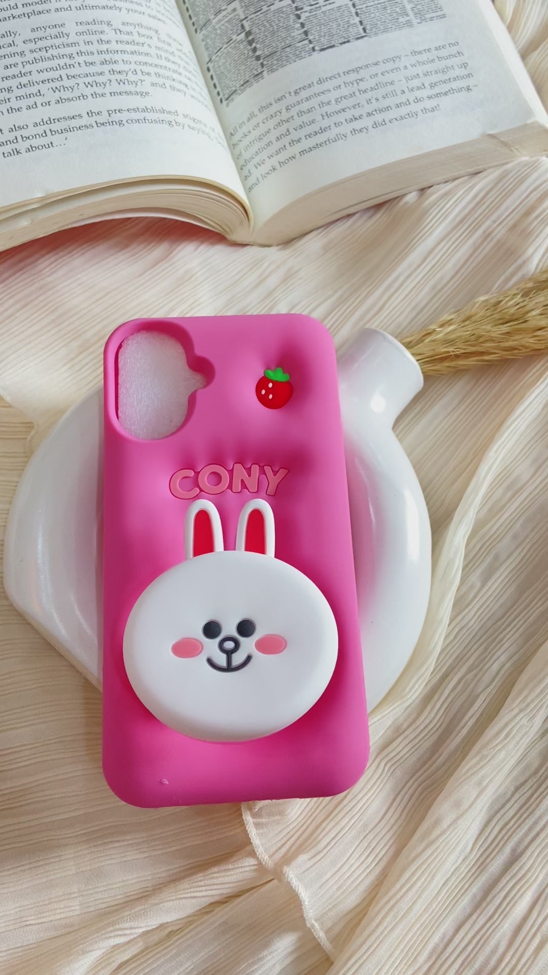 3D Cartoon Line Friends Cony Cute Rabbit Soft Silicone Grip Pop with Holder Pink Case