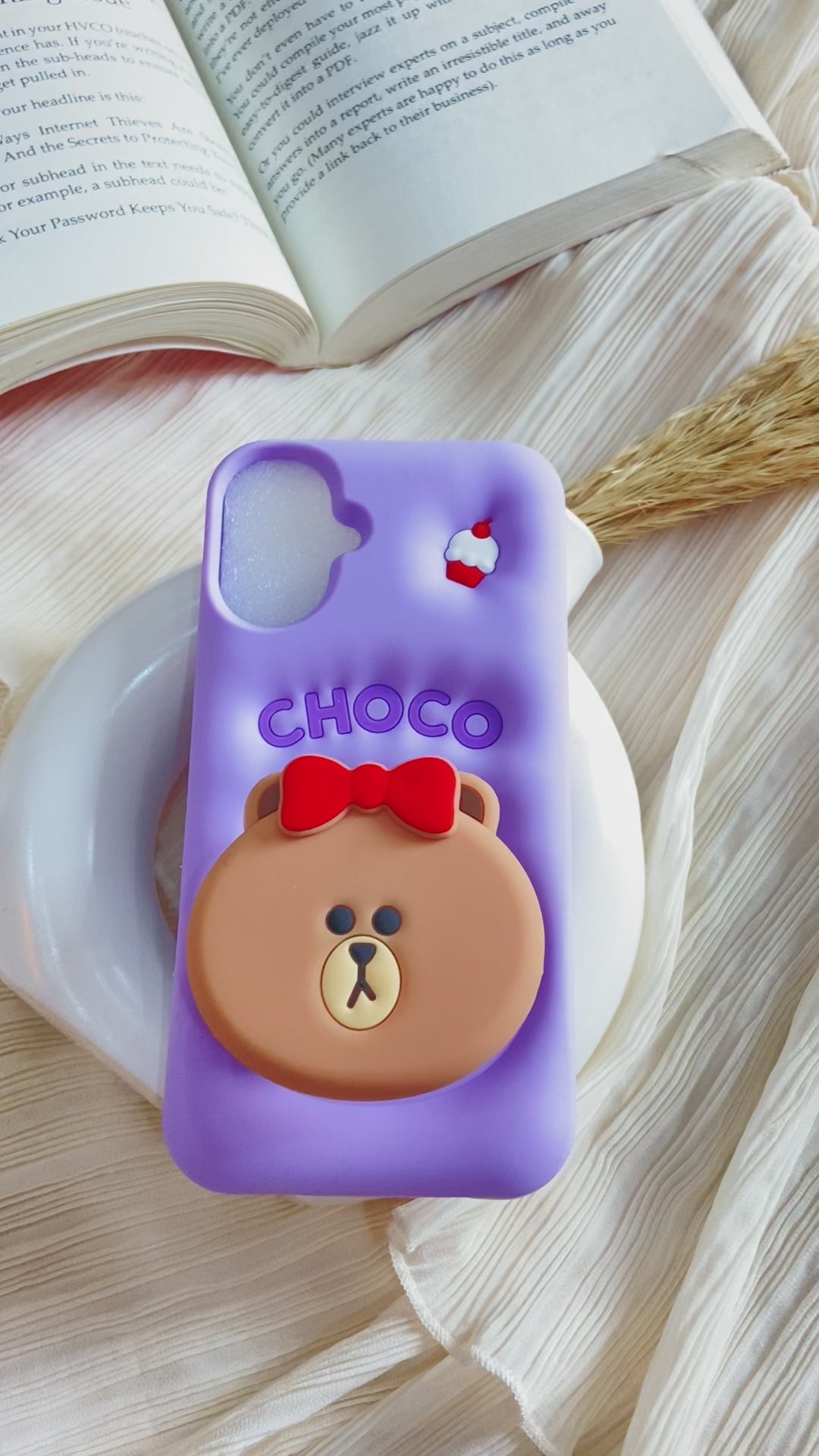 3D Cartoon Line Friends Choco Cute Teddy Soft Silicone Grip Pop with Holder Lavender Case
