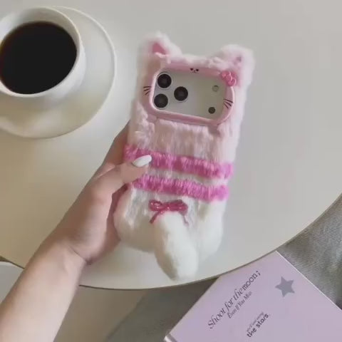 Winter Fluffy Plush Bell Kitty Cat Phone Case Warm Furry Back Cover