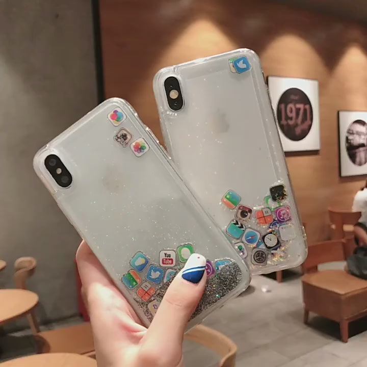 Liquid Glitter Bling Quicksand with iOS Acrylic Icon Sparkle Floating App Case