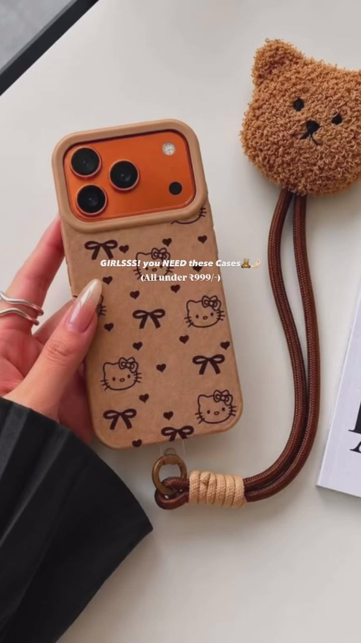 Cartoon Doll Teddy Bear Phone Case with Plush Teddy Lanyard Kitty Bow Pin Brown Wrist Strap Cover