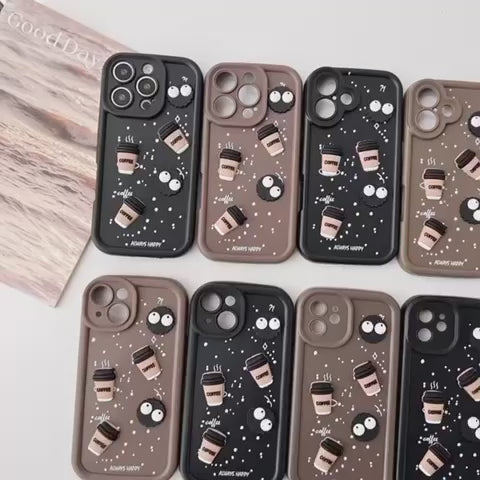 Luxury Cute Fun Cartoon Characters 3D Ball Coffee Cookies Lovers Silicone Case | Happy Black