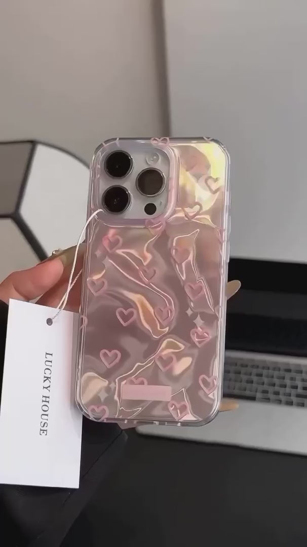 3D Heart Aesthetic Handcrafted Real Pearl Accents & Iridescent Holographic Waves (Blush Silver & Pearlescent Silver)