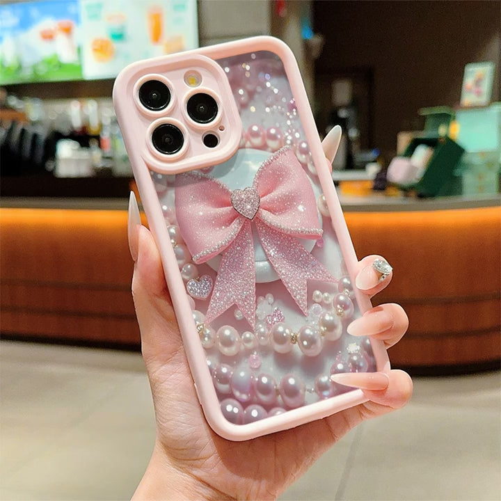 3D Hot Necklace BowKnot Pastel Pink Ribbon Bow Pearl Cute Design Silicone Aesthetic Print Case