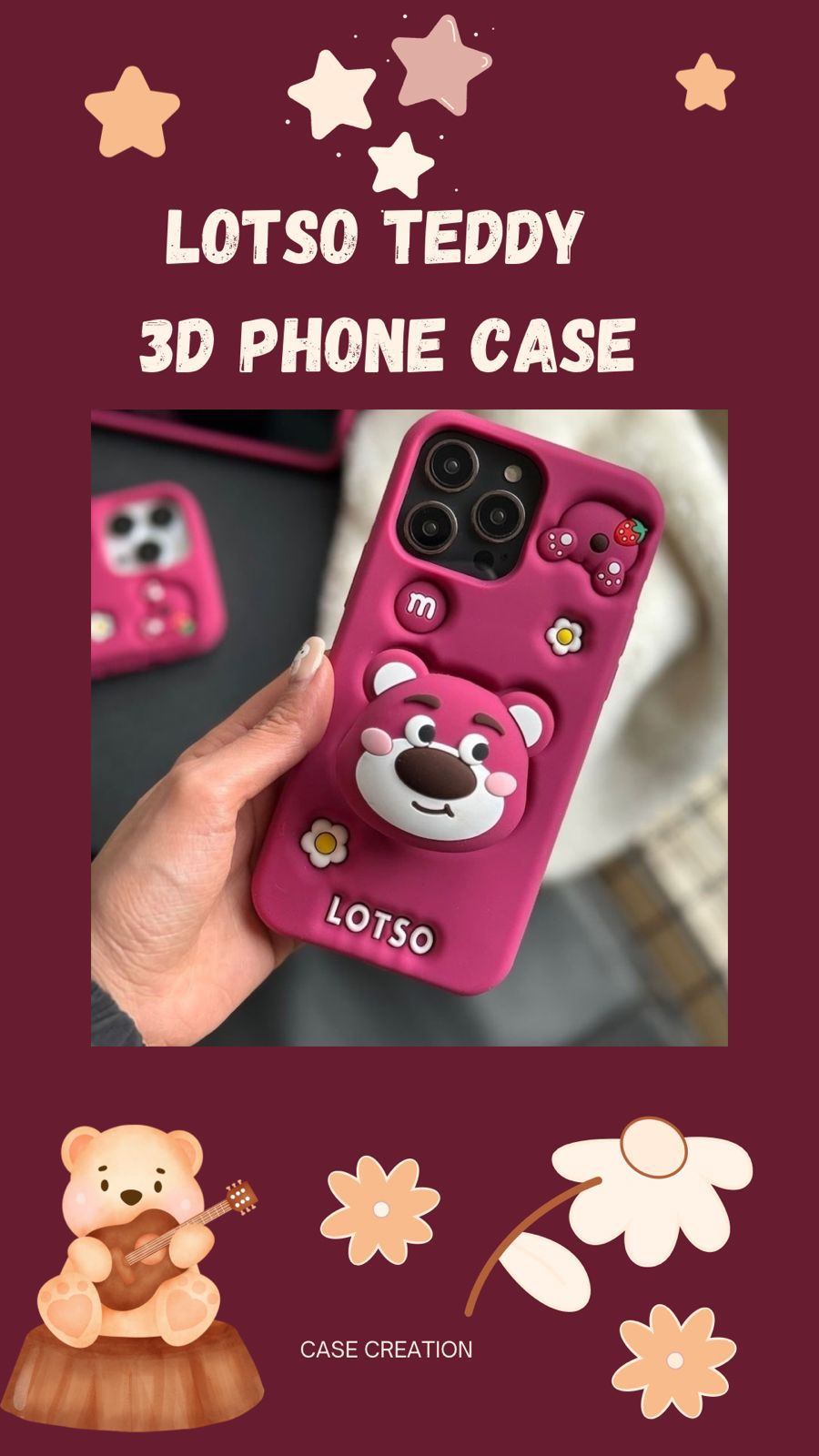 3D Cartoon LOTSO Bear Huggin Strawberry Toy Story Walt Case with Holder