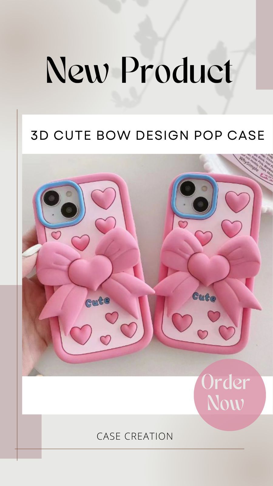 3D Cute Heart Butterfly Case Coquette Bowknot Folding Desktop Kick stand Case