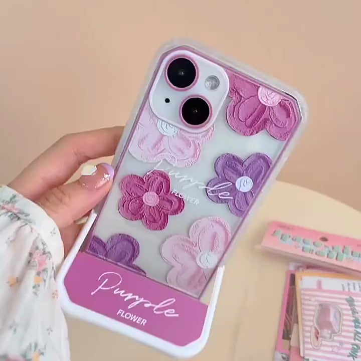 3D Cute Creative Purple Flower Cartoon Oil Painting Floral Decor Wave Curly Edge Invisible Stand Holder Case