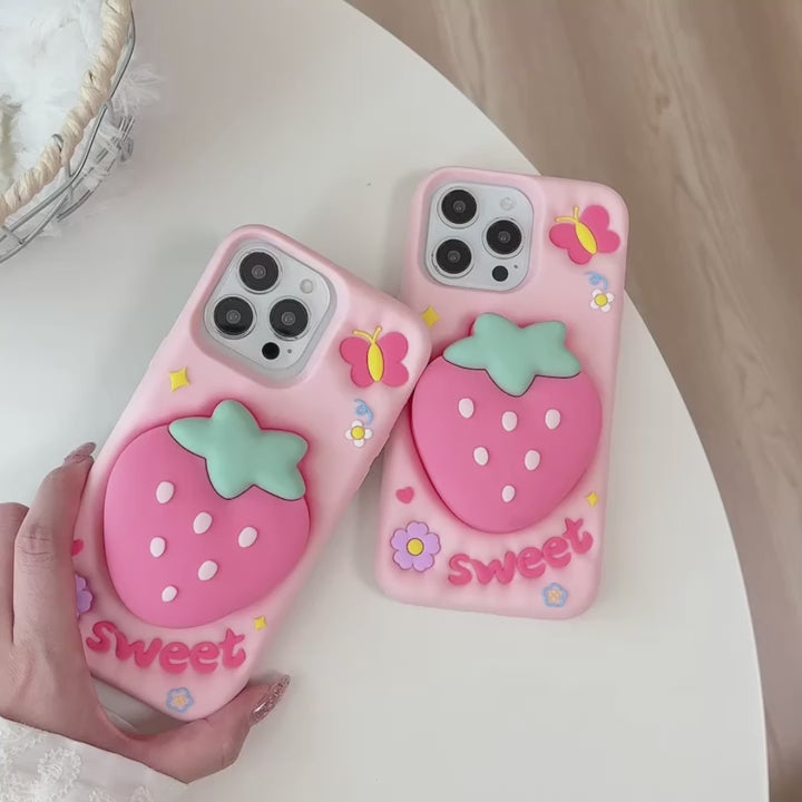 3D Strawberry Sweet Cartoon Kawaii Adorable Cute Lovely Butterfly Pink Pop Case with Holder