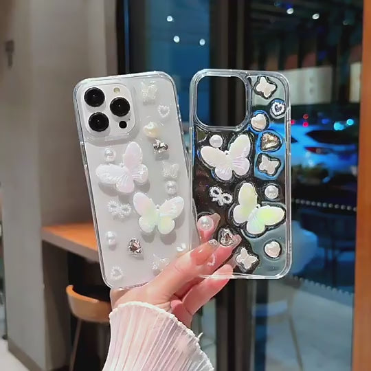 Luxury Translucent Butterfly Diamond Pearl Heart Resin Phone Case