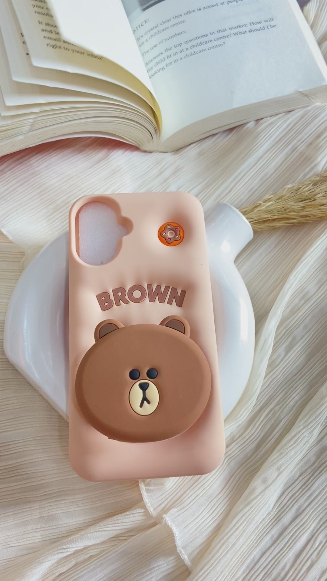 3D Cartoon Line Friends Teddy Cute Soft Silicone Grip Pop with Holder Brown Case