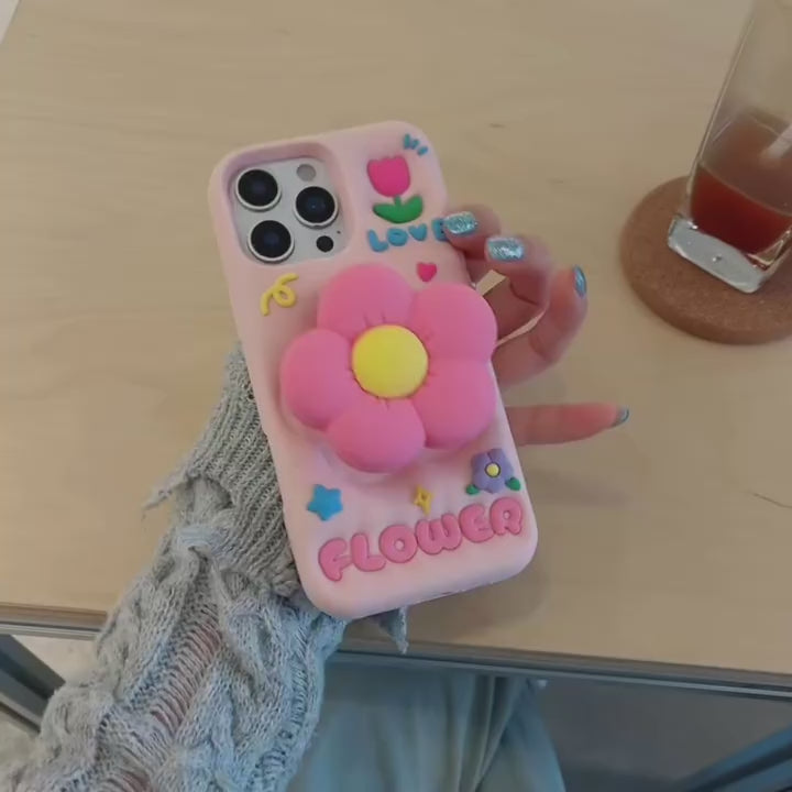 3D Flower Petal Love Cartoon Kawaii Adorable Cute Lovely Kitty Pink Floral Pop Case with Holder