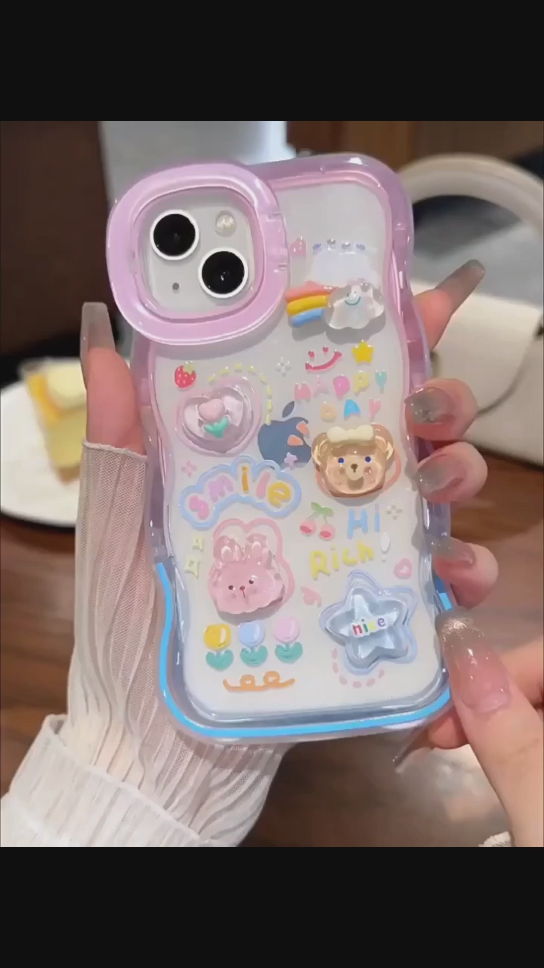 3D Cute Creative Bear Flower Cartoon Rabbit Star Floral Decor Wave Curly Invisible Double Phone Stand Holder