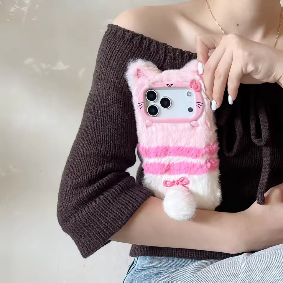 Winter Fluffy Plush Bell Kitty Cat Phone Case Warm Furry Back Cover
