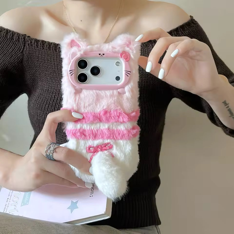 Winter Fluffy Plush Bell Kitty Cat Phone Case Warm Furry Back Cover