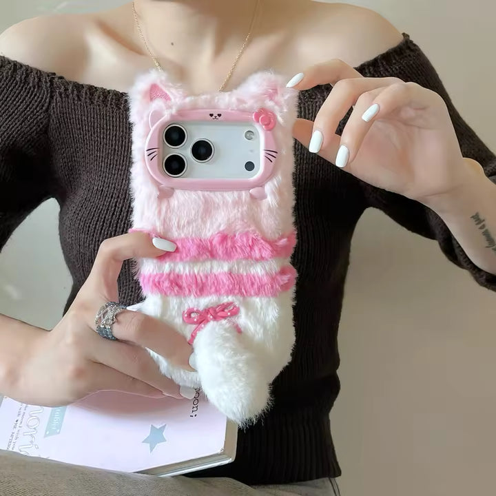Winter Fluffy Plush Bell Kitty Cat Phone Case Warm Furry Back Cover