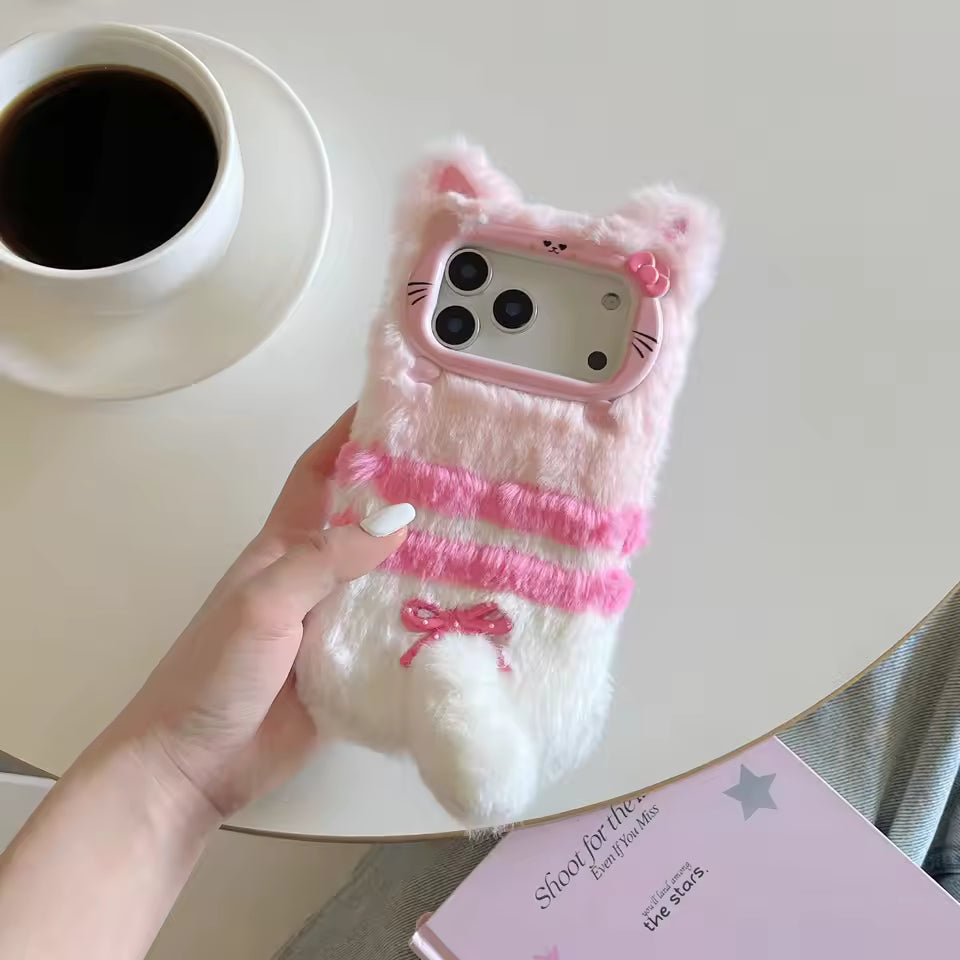 Winter Fluffy Plush Bell Kitty Cat Phone Case Warm Furry Back Cover