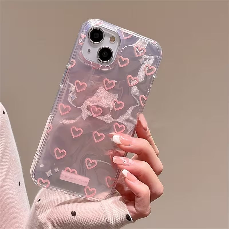 3D Heart Aesthetic Handcrafted Real Pearl Accents & Iridescent Holographic Waves (Blush Silver & Pearlescent Silver)