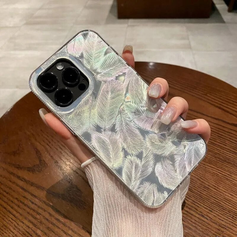 Bling Glitter Colorful Dream Feather Art Laser Gradient Luxe Holographic Leaf Sparkling Cover